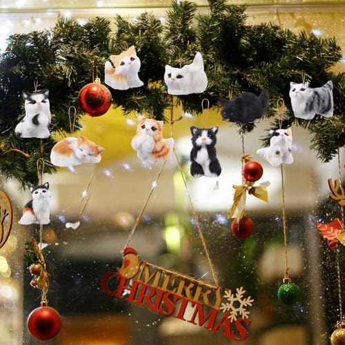 Skylety 10 Pieces Forest Animals Ornaments Woodland Animal Faux Fur Plush Hanging Ornaments Family Educational Playset for Fall, Winter Birthday Party Supplies(Cats)