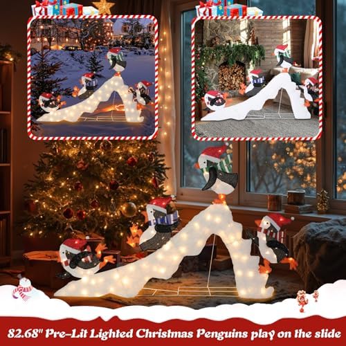 7 FT Lighted Christmas Penguin On Slide, Pre‑Lit Outdoor Yard Decor