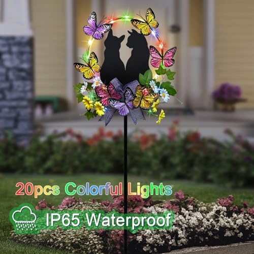 Cat Solar Light Outdoor Garden,Cat with Butterfly Flower Colorful LED Decor