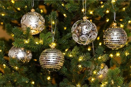 Luxury Handcrafted European Glass Christmas Ball Ornaments - Set of 6 - Silver & White - Satin & Shine - 8 cm - Mouth-Blown & Hand-Painted