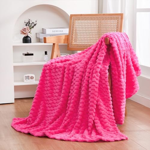 Hot Pink Throw Blanket 50"×70" Gifts for Mom Fuzzy 3D Jacquard Decorative