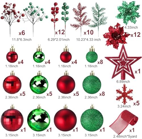 Sratte 94 Pcs Christmas Tree Ornaments Decoration Set, Red, Green