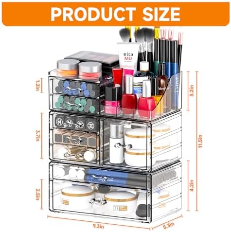 Acrylic Clear Makeup Organizer Countertop,Stackable Skincare Organizer for Vanity With 8 Drawers,Large Plastic Desk Accessories Organization,Bathroom Cosmetic Organizer Countertop for Beauty,Skin Care