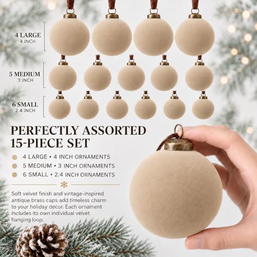 Velvet Flocked Christmas Ornaments Set – Premium Shatterproof Christmas Ball Ornaments with Brass Metal Caps, Assorted Sizes for Christmas Tree, Holiday & Seasonal Home Décor (Beige 15pcs)