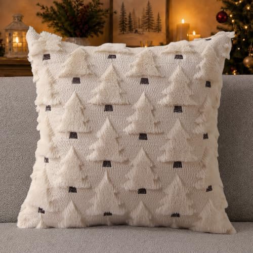 Allorry Christmas Pillow Covers 26x26 inch Set of 2 Christmas Decorations Soft Plush Faux Fur Wool Beige Christmas Tree Throw Pillow Cases Winter Holiday Decor for Sofa Living Room PT002C26