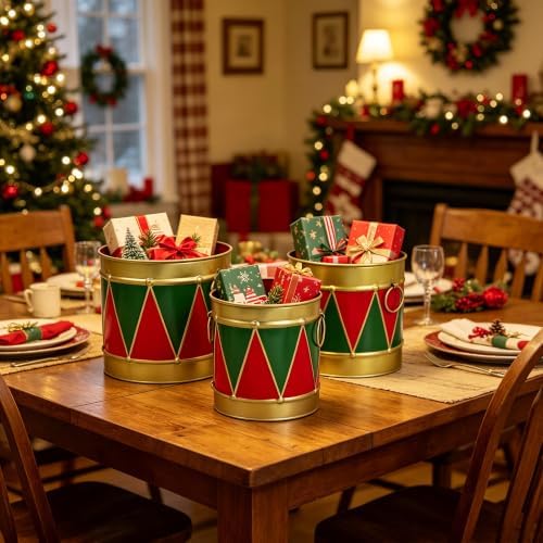 3-PCE Christmas Metal Drum Buckets Set - Festive Ice Bucket & Storage for Small Plants/Ornaments/Candies, Round Decorative Pails for Party Table Centerpieces & Home Mantel Display