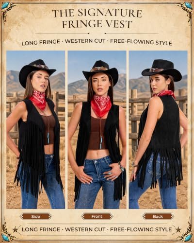 Women Western Cowgirl Outfit 8Pcs Tassel Vest Hat Bandana Jewelry Set