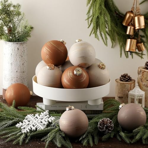 Yunlly 12 Pcs Neutral Christmas Ornament, Brown Ivory Beige, 4''