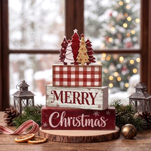 Moucuny 4 Pcs Christmas Table Decor Rustic Merry Wooden Christmas Tree Sign