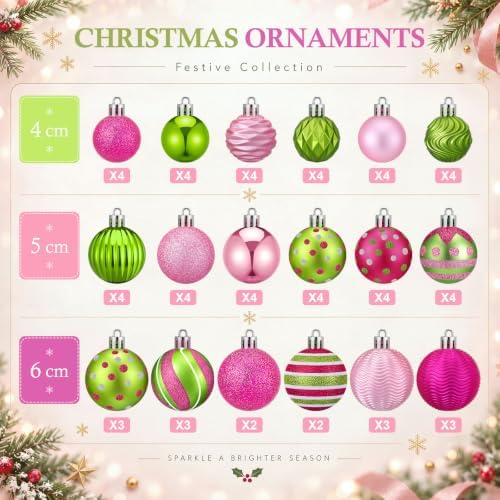 Lunmon 64 Pcs Lime Green Pink Christmas Ornaments Sets Polka Dot Xmas Balls