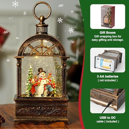 Christmas Snow Globe Lantern Water Glittering Window Snowman Child with Music, USB Lined/Battery Operated Lighted Lantern for Christmas Festival Decoration Gifts