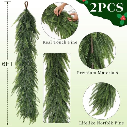 6FT 2PCS Artificial Christmas Norfolk Pine Garland for Fireplace Decor