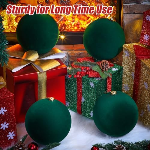 Hollowfly 12 Pcs 8 Inch Extra Large Velvet Christmas Balls Oversized Huge Big Christmas Tree Ornaments Balls for Family Holiday Xmas Tree Hanging (Dark Green)