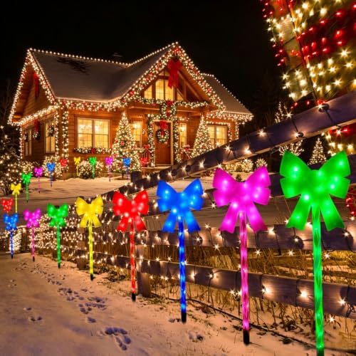 Outdoor Christmas Decorations Solar Pathway Lights, Set of 5 Colorful Bow Candy Stake Lights, Waterproof Solar Christmas Lights for Holiday Display Yard Garden Lawn Winter Party Xmas Decor