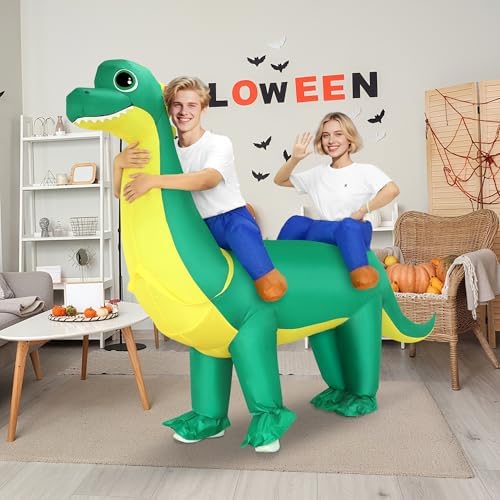 XYJKIDSES Couple Inflatable Dinosaur Costume for Adult Halloween Blow Up Costumes 2 Person Funny Ride On Brachiosaurus Costumes for Men Women Cosplay