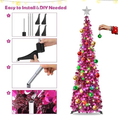 N&T NIETING Pop Up Christmas Tree with Lights & Ornaments, 5FT, Fuchsia
