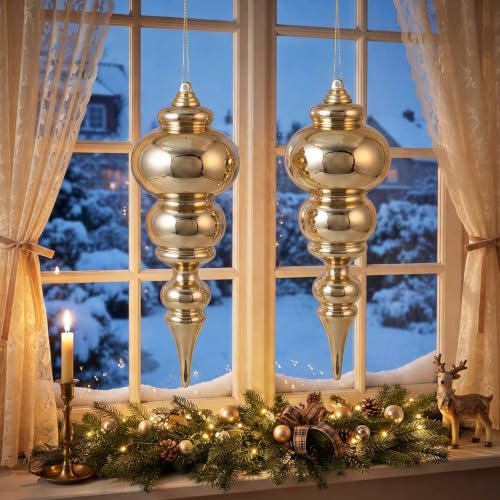 Soulchen 2 Pcs 12" Large Christmas Finial Drop Ornaments, Shiny, Champagne