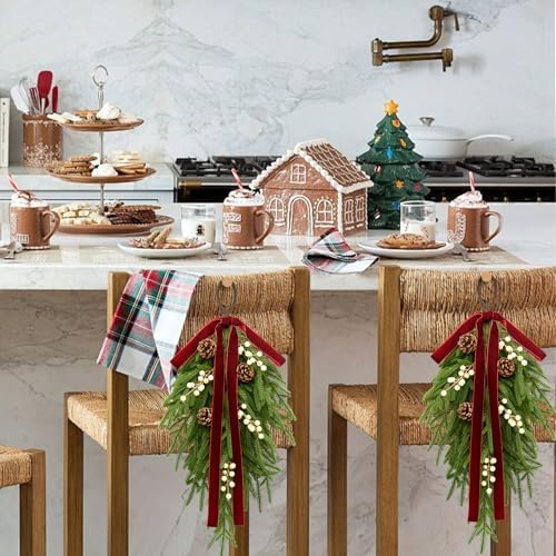 nuvagiki Christmas Teardrop Swag Decorations, 24'' Christmas Teardrop Wreath Artificial Pine Needle Berries Hanging Decor, Red Velvet Bow Swag Decorations for Front Door Mantle Wall Indoor Home Decor