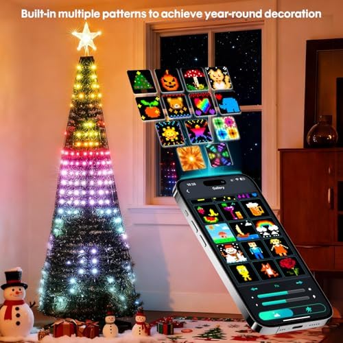 Super RGB Smart Christmas Tree Lights 6FT 400LED, DIY Color Changing Waterfall Xmas Tree Lights with Ring & Top-Star, Remote & APP Control, RGB-IC Dynamic String Light, Music Sync for Indoor Decor