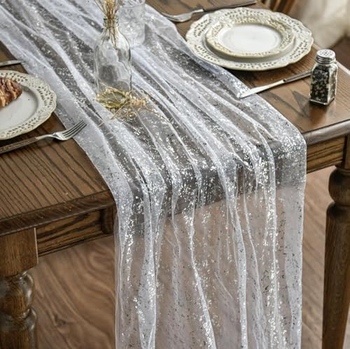 Artoid Mode 2-Pack White Silver Gauze Table Runner 10FT, Glitter Metallic Foil Sheer Dining Holiday Wedding Anniversary Birthday Table Decor for Home Party