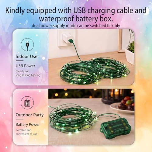 Lovelite Fairy Lights Battery & USB Operated, 2 Pack Total 40FT 120LED Halloween Fairy Lights 34 Colors Changing, Waterproof String Lights Green Wire for Bedroom Xmas Tree Indoor Outdoor Party Decor