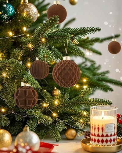 Brown Velvet Christmas Ball Ornaments-46pcs Flocked Xmas Tree Decorations