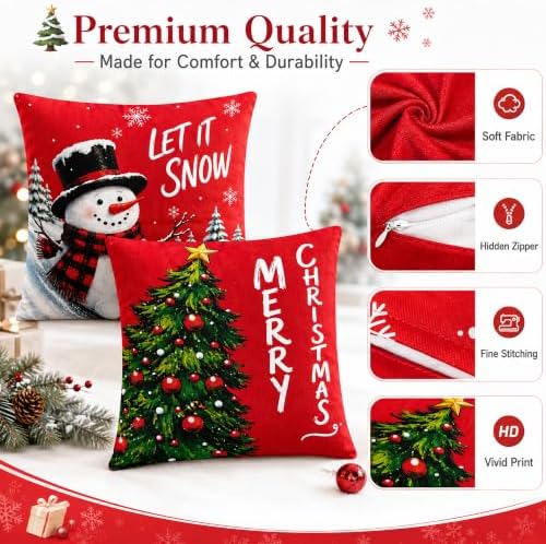 Christmas Decorations - Set of 4 Double-Sided Print Christmas Pillow Covers