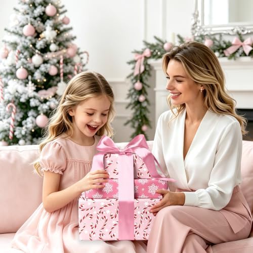 LaRibbons Pink Christmas Wrapping Paper, Reversible Snowflake & Candy Cane