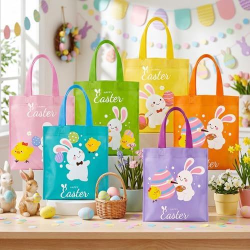 Sweetude 120 Pcs Easter Tote Bags Bulk with Handles Bunny Reusable Party Non Woven Treats Goodie Bags for Easter Party Supplies (Egg)