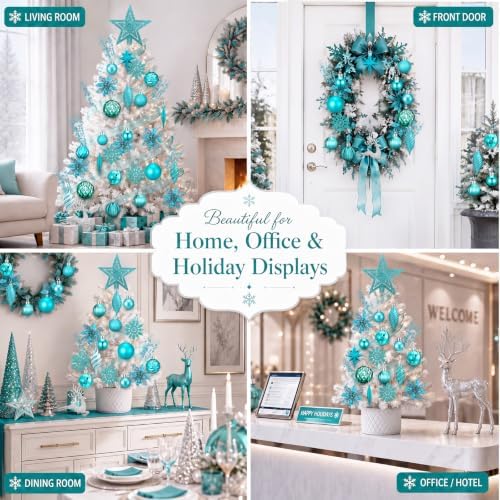 CroBlissful 118 Pcs Teal Blue Christmas Tree Decoration Set Including Ornaments Ball, Mesh Ribbon, Snowflakes Icicle, Tree Top Star, Deer, Flower, Berries Stem Teal Christmas Decoration for Xmas Trees