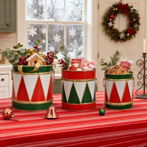 3-Piece Christmas Metal Drum Buckets Set - Festive Ice Bucket & Storage for Small Plants/Ornaments/Candies, Round Decorative Pails for Party Table Centerpieces & Home Mantel Display