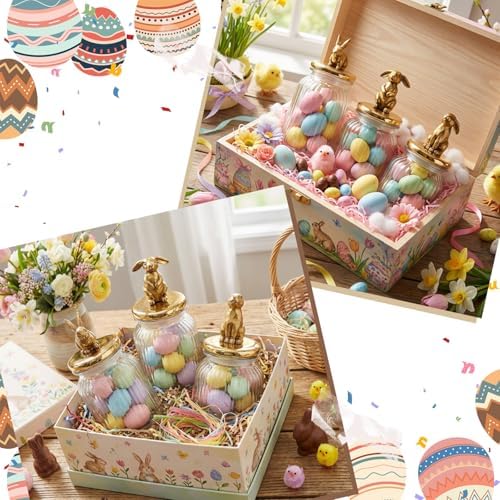 Mimorou 3 Set Easter Cookie Jar with Ceramic Bunny Lid 44oz 33oz 22oz Glass Candy Jar Food Storage Canister with Airtight Gold Lid for Easter Party Spring Tea Table Decoration