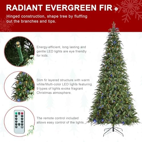 Glitzhome 9ft Prelit Christmas Tree, Slim Christmas Tree Artificial Tree Radiant Evergreen Fir with 650 Warm White/Multi-Color LED Lights, 9 Function, w/Remote Control & Metal Base, Easy Assembly