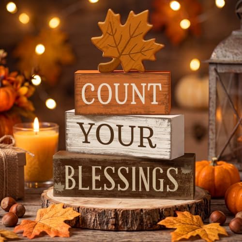 Moucuny 4 Pcs Fall Table Decoration Rustic Maple Leaf Stacked Wooden Blocks