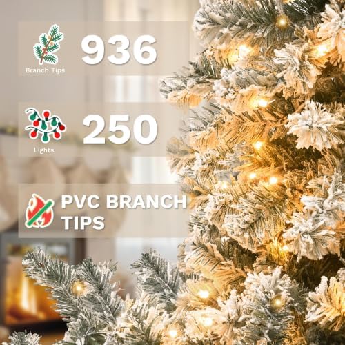 DWVO 6ft Prelit Snow-Flocked Artificial Pine Christmas Tree with Remote