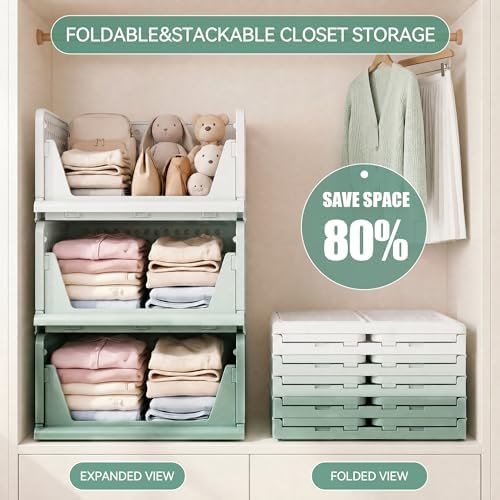 Pinkpum Green Boy Closet Organizers and Storage Stackable Plastic Drawer Basket for Clothing Stackable Storage Bins Shelf Storage Container for Rv Closet Wardrobe Bedroom Bathroom Playroom Man 6 Pack