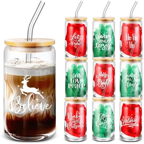 10 Pcs Christmas Glass Cups with Lids Straws 1 Set(10sheet) Gift Paper