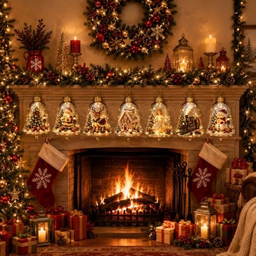 7PCS Glowing Christmas Ornaments - Mini Gold Light-Up Christmas Ball Ornaments - Christmas Tree Ornament with Warm LED Light for Tree Mantel, Holiday Scene Decoration & Gift