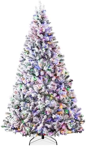 Best Choice Products Pre-Lit Artificial Christmas Tree 4.5ft Snow Flocked Pine Tree, 2-in-1 White and Multicolor LED Lights, Full Snowy Appearance