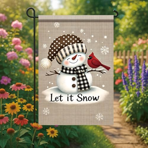 12x18 Inch Snowman Christmas Garden Flag Cardinal Bird Winter Outdoor Yard Decoration Christmas Holiday Seasonal Banner Double Sided Vertical House Lawn Decor for Farmhouse