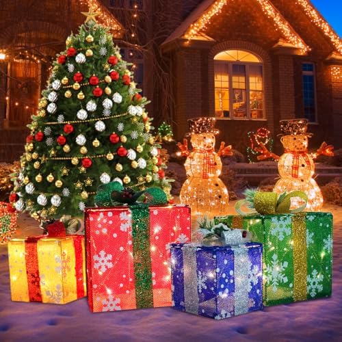 DomKom Set of 4 Christmas Lighted Gift Boxes, 70 Led Light Up Colorful Iron Frame Present Box with Pine Cones Bows for Xmas Tree Party Yard Holiday Indoor Outdoor Decoration
