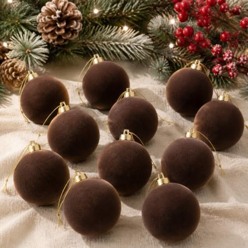 12Pcs Brown Velvet Christmas Ornaments 2.36In Balls for Christmas Tree Deco