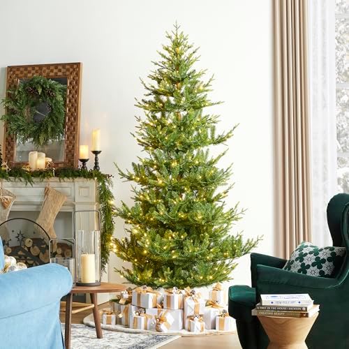 Glitzhome 7.5ft Prelit Christmas Tree, Artificial Christmas Tree with 500 Warm White and Multi-Color LEDs, Green Upward Slim Fir Xmas Tree, Vibrant Ascend Evergreen w/Metal Stand and Remote Control