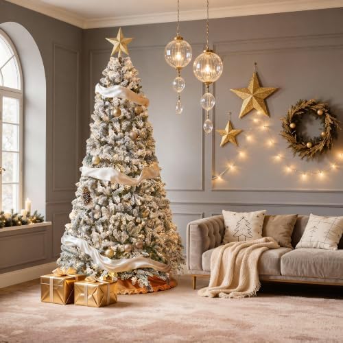 DWVO 7.5ft Snow Flocked Artificial Christmas Tree, 1360 Tips