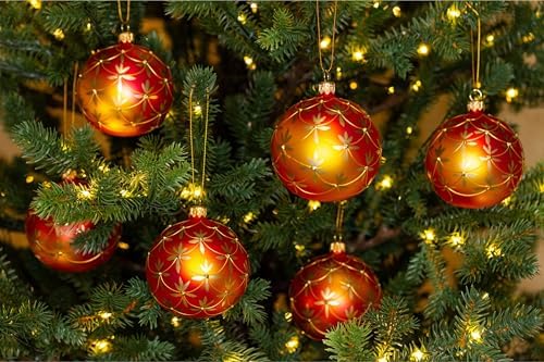 Luxury Handcrafted European Glass Christmas Ball Ornaments - Set of 6 - Orange Art Nouveau - 8 cm - Mouth-Blown & Hand-Painted