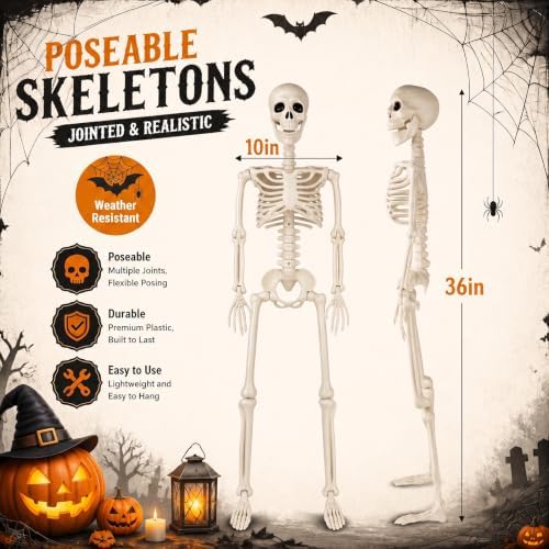 Toolterritary 36" Halloween Skeleton, 3 ft Human Skeleton Full Body Posable Joints Plastic Skeleton for Halloween Decoration, Yard Patio Lawn Garden Skeleton Spooky Party Decoration Indoor Outdoor