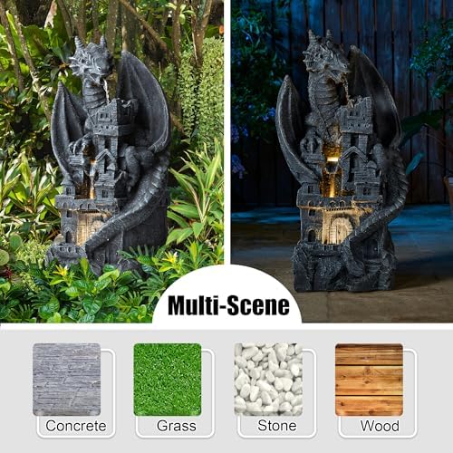 Glitzhome 37"H 4 Tiers Resin Waterfalls Water Fountain, Mystical Gothic Dragon Perched Atop The Castle Sculptural with Pump & LED Light Indoor Outdoor Floor Fountain for Garden Patio Backyard Decking