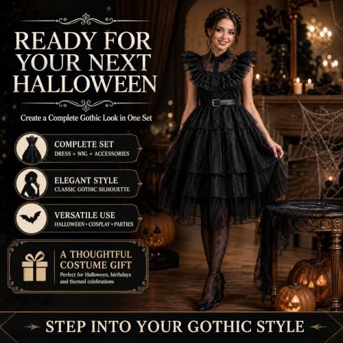 Women's Gothic Halloween Costume Long Black Dress with Wig Necklace