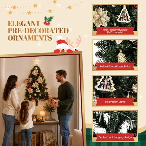 VINGLI 3FT Wall Hanging Half Christmas Tree with 50 LED Lights