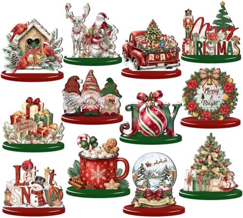 Leinuosen 12 Pcs Christmas Table Decoration Red Green Christmas Tiered Tray Decor Wooden Santa Claus Centerpieces Reindeer Snowman Wreath Farmhouse Xmas Decor for Home Kitchen Coffee Bar Shelf Indoor